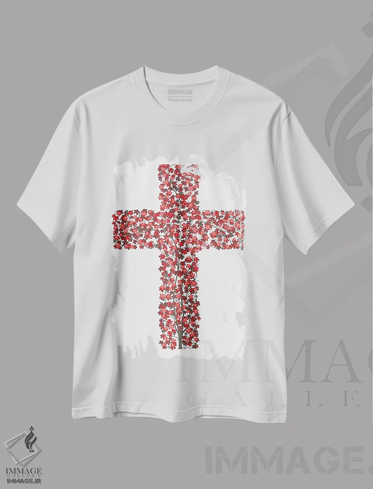 تیشرت سفید طرح دار زندگی سرشار در صلیب، تزئینی اثر جیمز لی | فروشگاه ایماژ