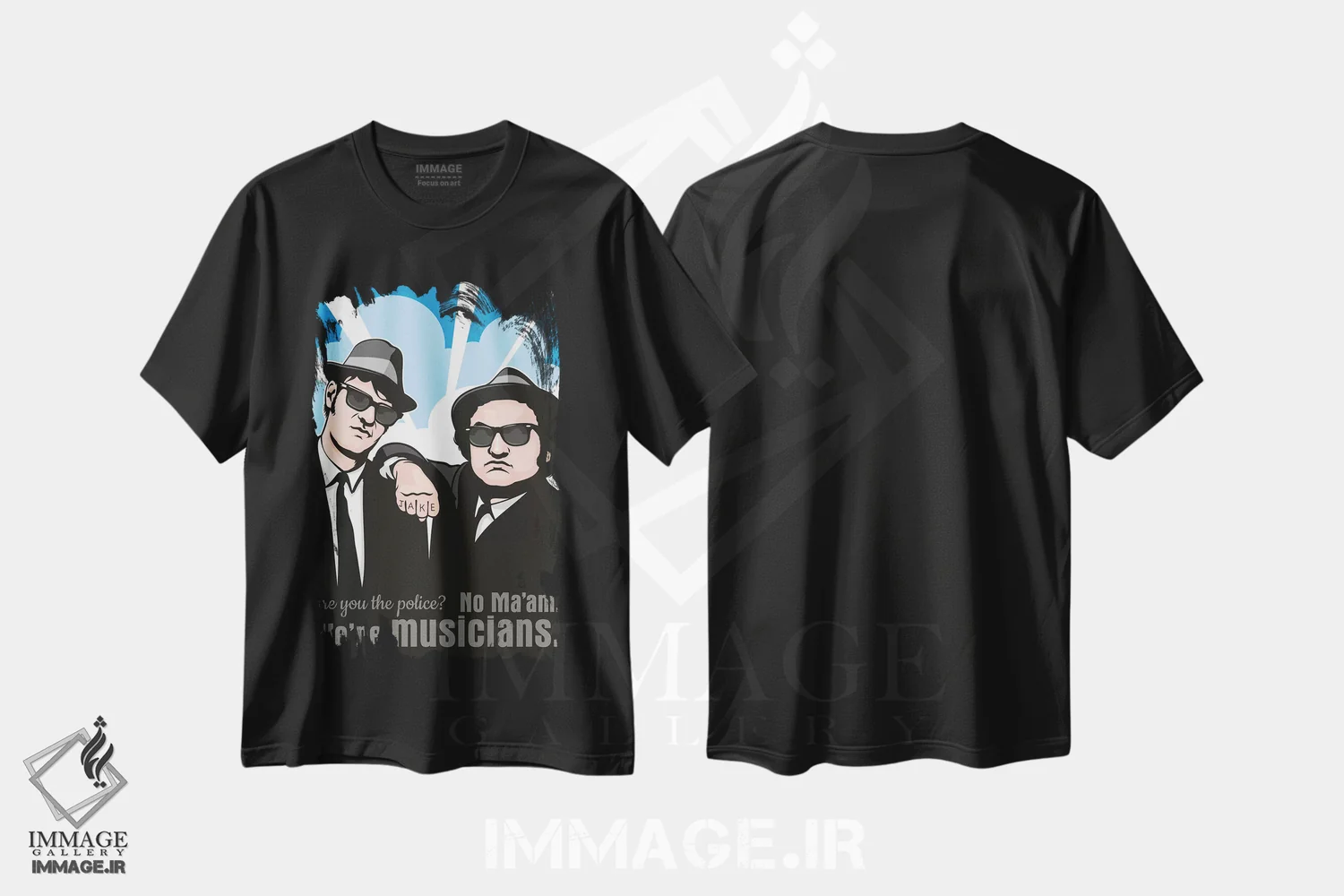 تیشرت مشکی طرح دار خانم نه، ما موزیسین هستیم، هنر فاخر معاصر اثر جیمز لی | immage.ir