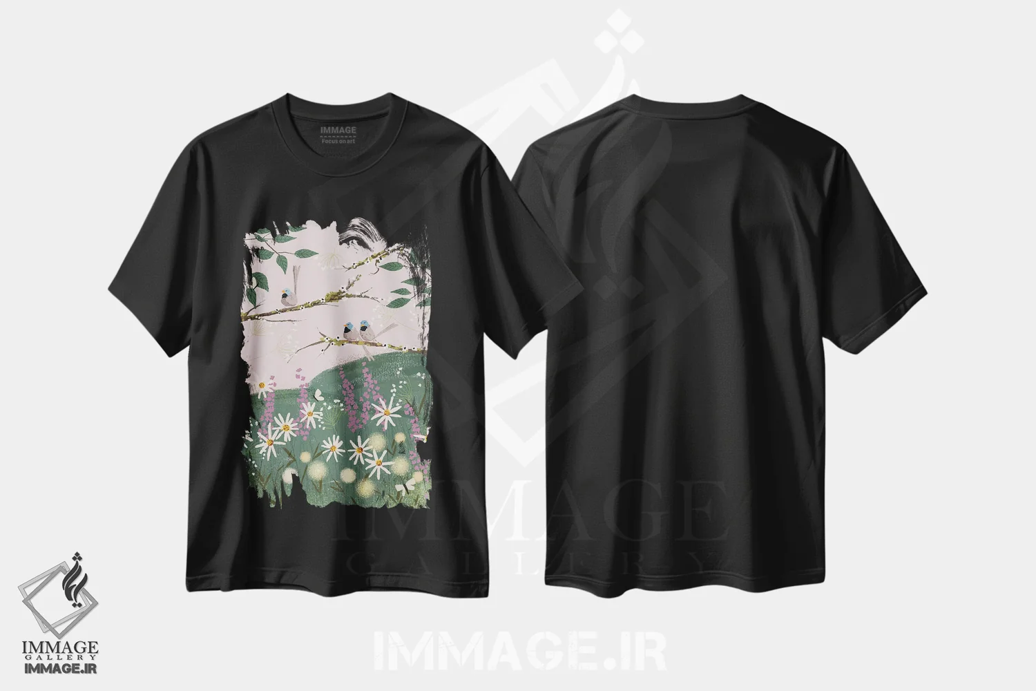 تیشرت مشکی طرح دار فنچ های آبی، دکور بوهمی اثر جوی لافرم | فروشگاه ایماژ