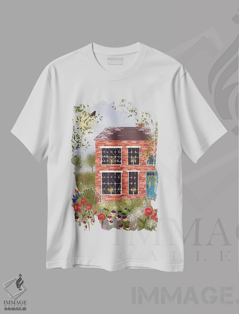 تیشرت سفید طرح دار کلبه آجری، دکور بوهمی اثر جوی لافرم | فروشگاه ایماژ