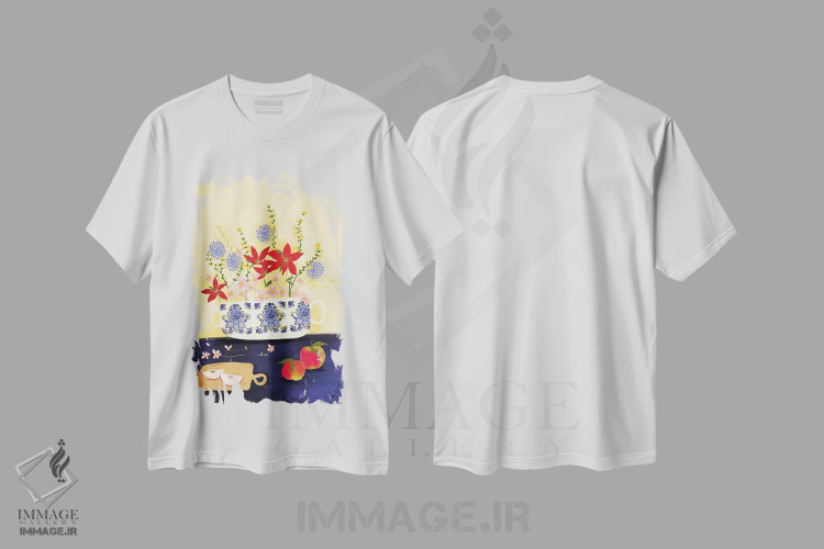 تیشرت سفید طرح دار گل های وحشی دلفت ۱، دکور بوهمی اثر جوی لافرم | immage.ir