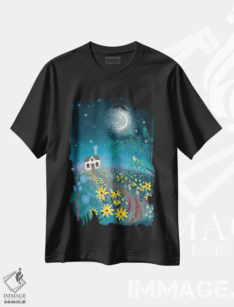 تیشرت مشکی طرح دار بلبل، دکور بوهمی اثر جوی لافرم | immage.ir