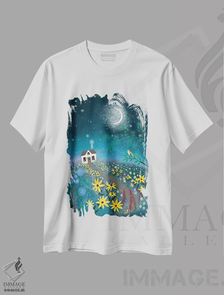 تیشرت سفید طرح دار بلبل، دکور بوهمی اثر جوی لافرم | فروشگاه ایماژ