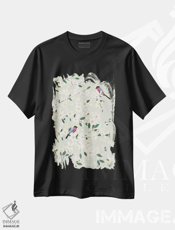 تیشرت مشکی طرح دار سهره های شکوفه سیب، دکور بوهمی اثر جوی لافرم | فروشگاه ایماژ
