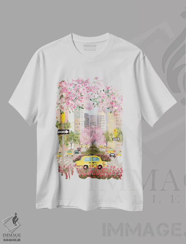 تیشرت سفید طرح دار خیابان پارک، دکور بوهمی اثر جوی لافرم | فروشگاه ایماژ