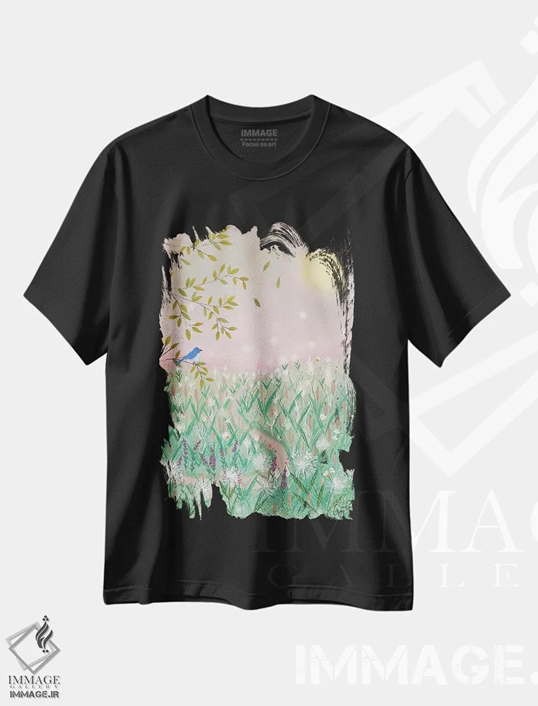 تیشرت مشکی طرح دار رویای روز صورتی، دکور بوهمی اثر جوی لافرم | فروشگاه ایماژ