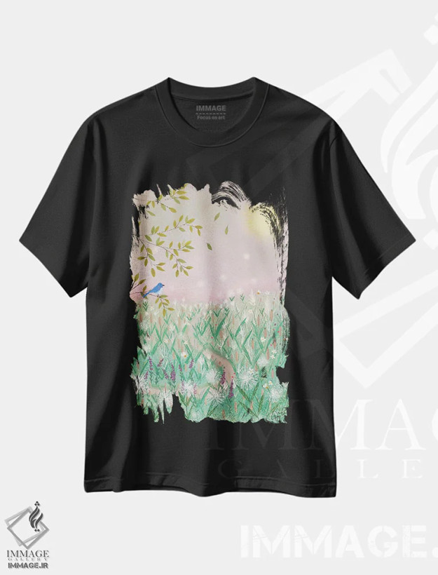 تیشرت مشکی طرح دار رویای روز صورتی، دکور بوهمی اثر جوی لافرم | فروشگاه ایماژ