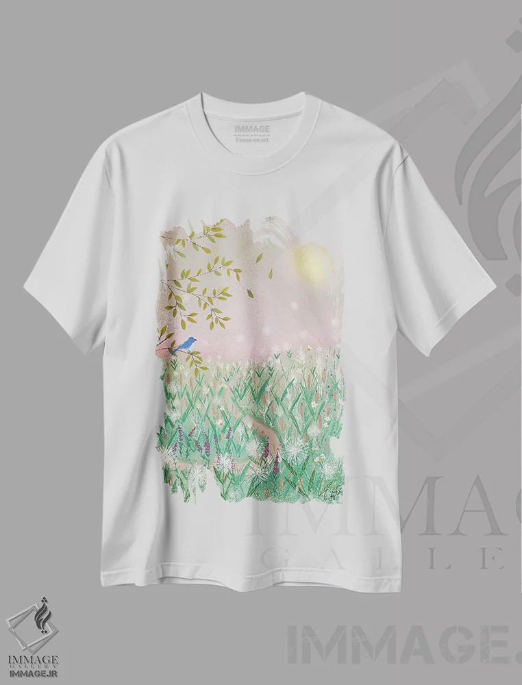 تیشرت سفید طرح دار رویای روز صورتی، دکور بوهمی اثر جوی لافرم | immage.ir