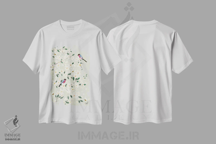تیشرت سفید طرح دار سهره های شکوفه سیب، دکور بوهمی اثر جوی لافرم | immage.ir