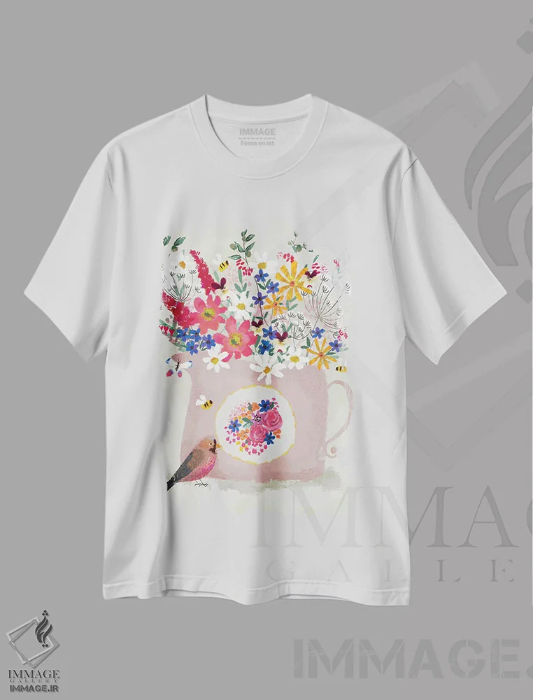 تیشرت سفید طرح دار طبیعت بی جان صورتی گلگون، دکور بوهمی اثر جوی لافرم | فروشگاه ایماژ