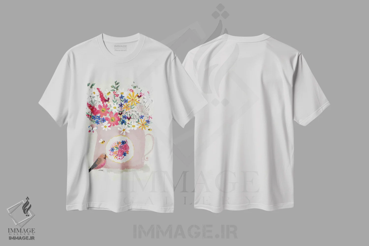 تیشرت سفید طرح دار طبیعت بی جان صورتی گلگون، دکور بوهمی اثر جوی لافرم | فروشگاه ایماژ