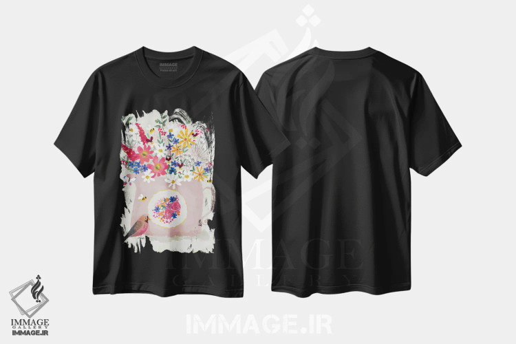 تیشرت مشکی طرح دار طبیعت بی جان صورتی گلگون، دکور بوهمی اثر جوی لافرم | immage.ir