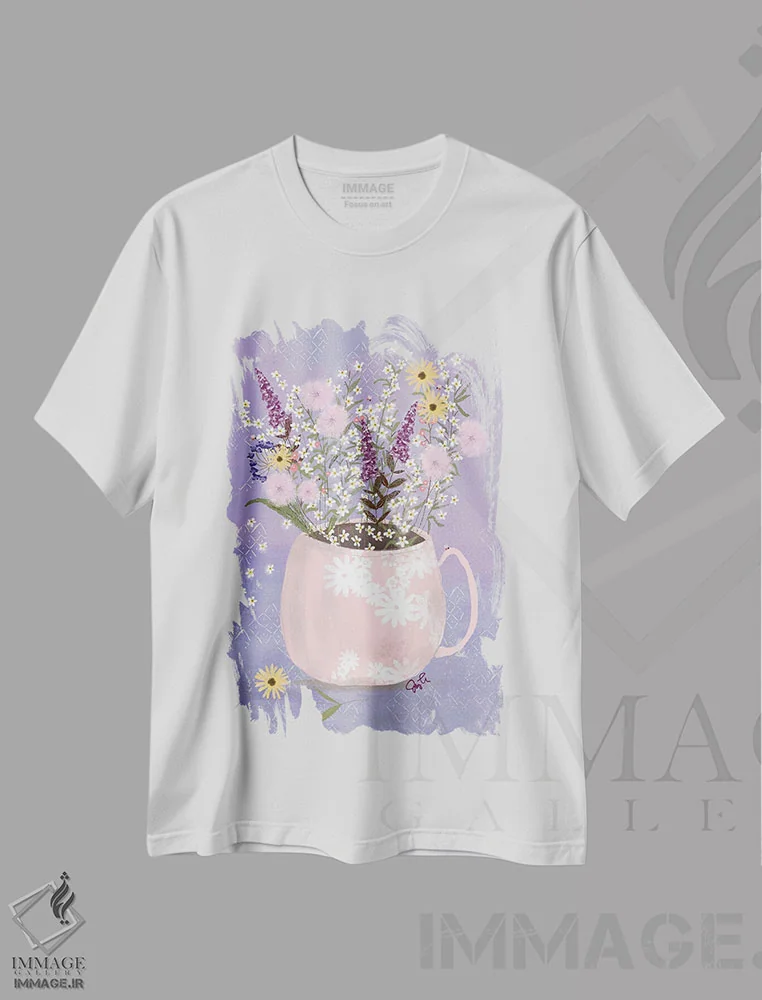 تیشرت سفید طرح دار گلدان گل وحشی ۱، دکور بوهمی اثر جوی لافرم | immage.ir