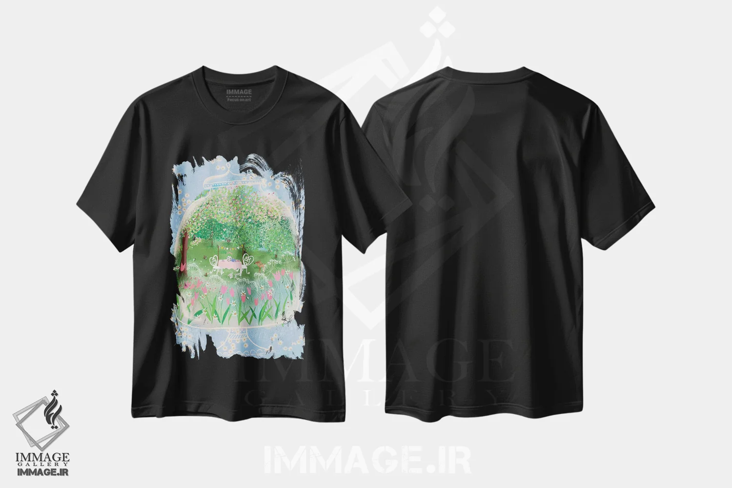 تیشرت مشکی طرح دار مهمانی چای در تراریوم، دکور بوهمی اثر جوی لافرم | immage.ir