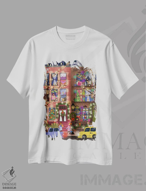 تیشرت سفید طرح دار خانه های ردیفی کریسمسی، تزئینی اثر جوی لافرم | فروشگاه ایماژ