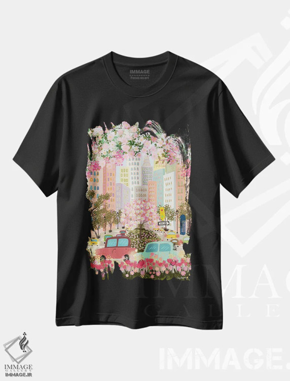 تیشرت مشکی طرح دار روز صورتی مه آلود، تزئینی اثر جوی لافرم | immage.ir
