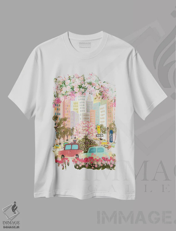 تیشرت سفید طرح دار روز صورتی مه آلود، تزئینی اثر جوی لافرم | فروشگاه ایماژ