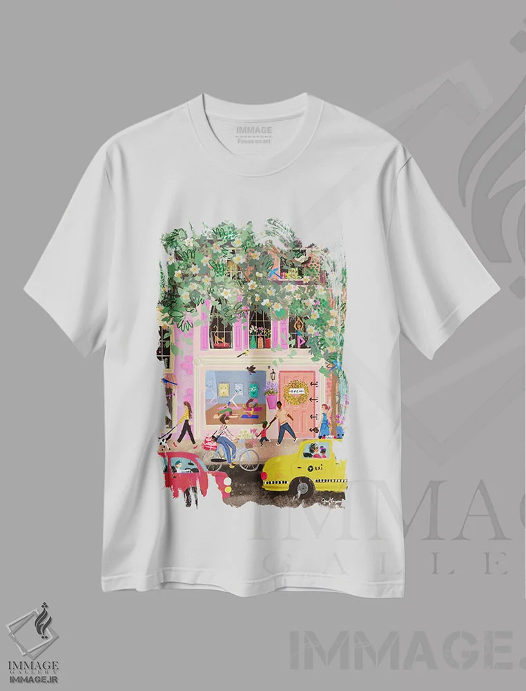 تیشرت سفید طرح دار رویای صورتی خیابان بهار، تزئینی اثر جوی لافرم | فروشگاه ایماژ