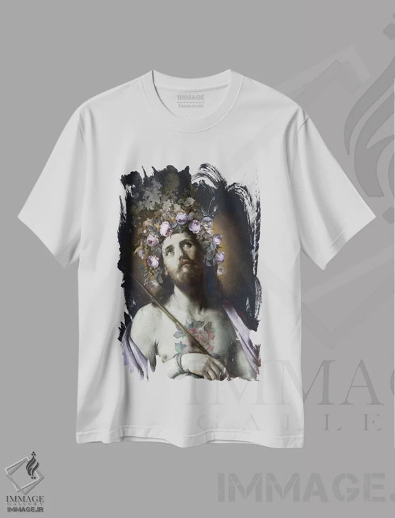 تیشرت سفید طرح دار مسیح با گل ها، مدیوم اثر خوزه لوئیس گوئررو | فروشگاه ایماژ