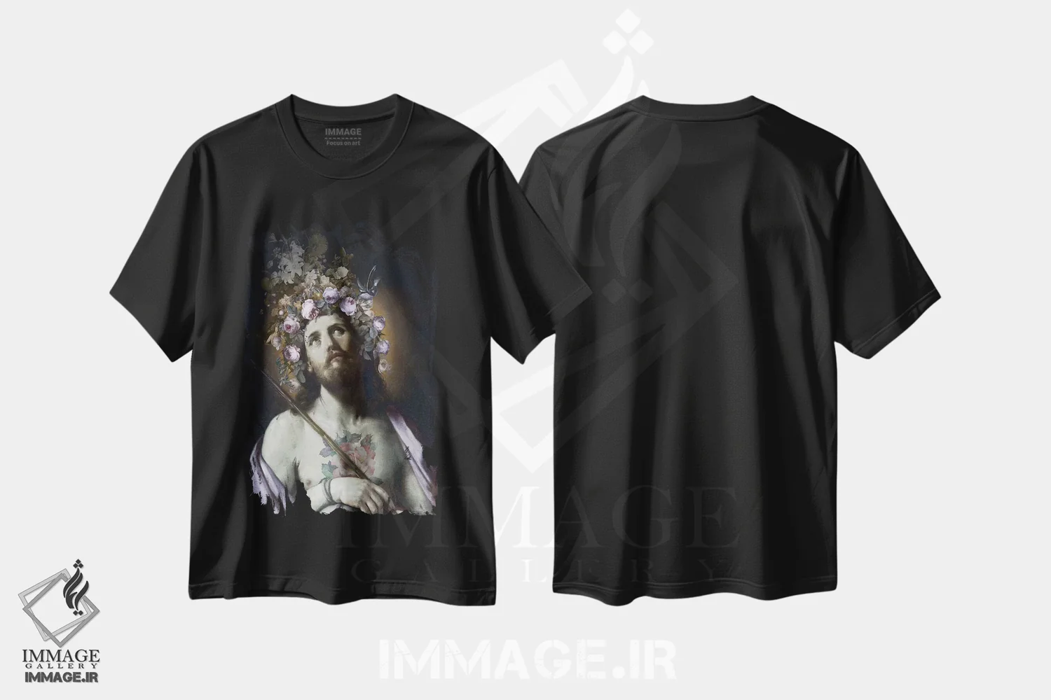 تیشرت مشکی طرح دار مسیح با گل ها، مدیوم اثر خوزه لوئیس گوئررو | immage.ir