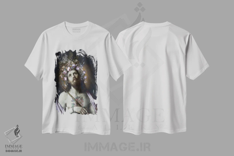 تیشرت سفید طرح دار مسیح با گل ها، مدیوم اثر خوزه لوئیس گوئررو | فروشگاه ایماژ