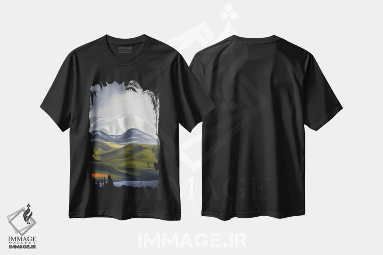 تیشرت مشکی طرح دار کوه های هاوکلی نارنجی اثر جولیانا لوومر | فروشگاه ایماژ