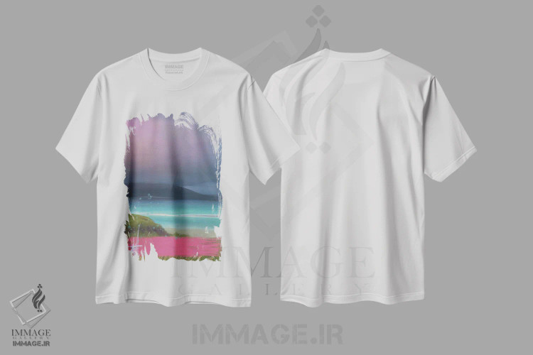 تیشرت سفید طرح دار طوفان جزیرهٔ گل صورتی، آبستره اثر جولیانا لوومر | فروشگاه ایماژ