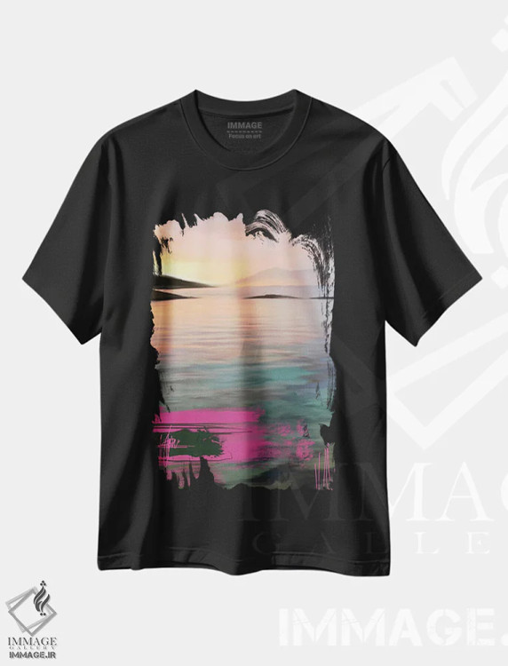 تیشرت مشکی طرح دار طلوع آفتاب لوفوتن صورتی، تزئینی اثر جولیانا لوومر | فروشگاه ایماژ