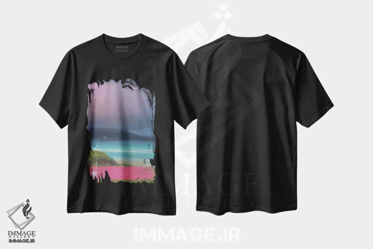 تیشرت مشکی طرح دار طوفان جزیرهٔ گل صورتی، آبستره اثر جولیانا لوومر | immage.ir