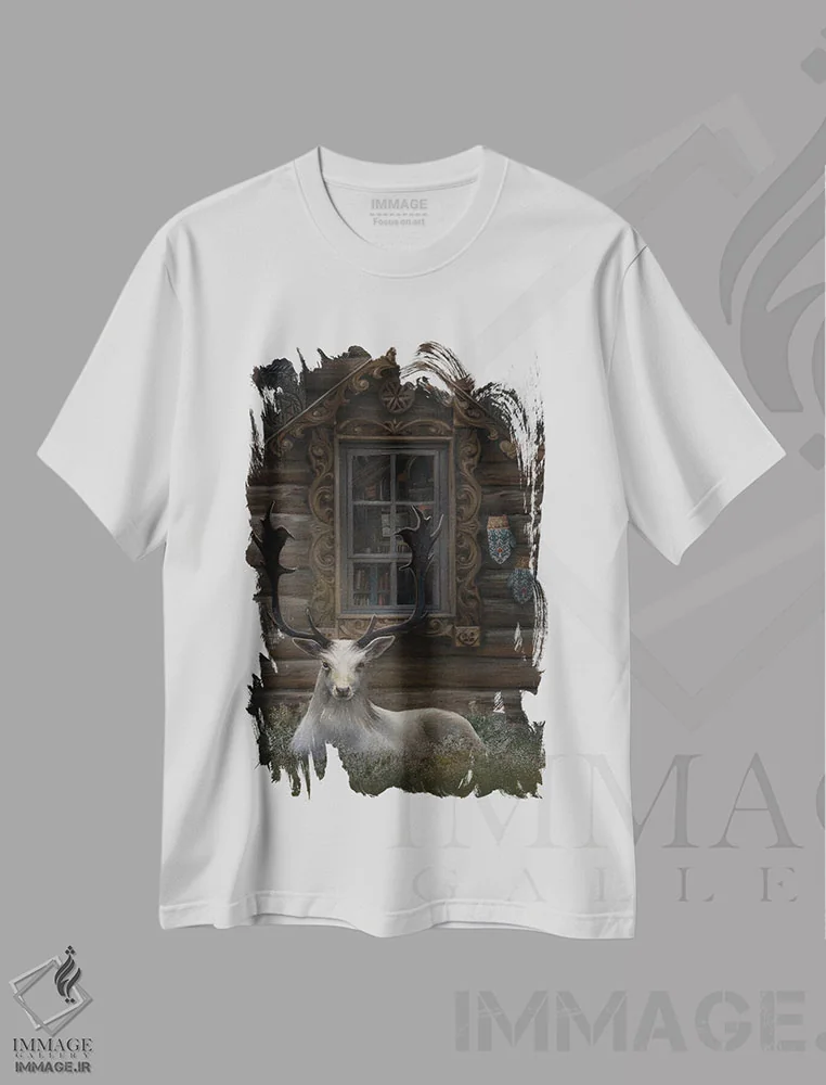 تیشرت سفید طرح دار خانهٔ فریا، هنر فاخر معاصر اثر جولیانا لوومر | فروشگاه ایماژ