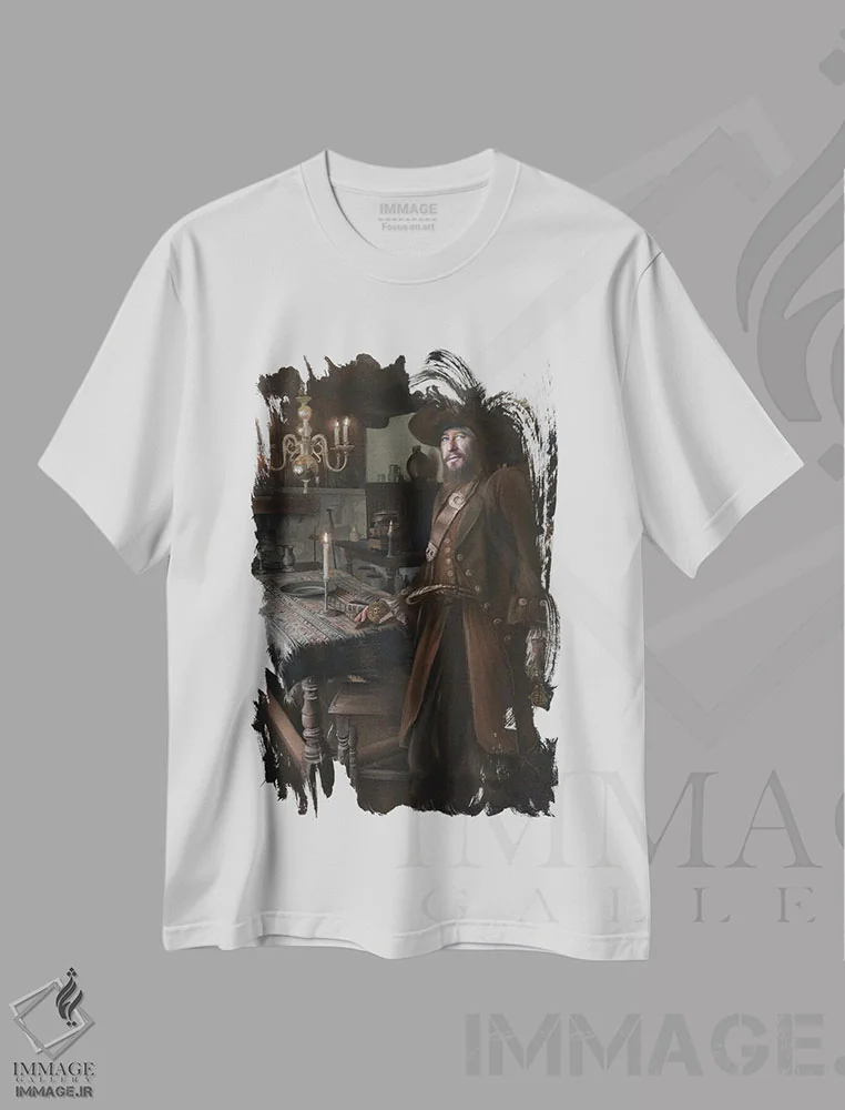 تیشرت سفید طرح دار دزد دریایی باربوسا، هنر فاخر معاصر اثر جولیانا لوومر | فروشگاه ایماژ