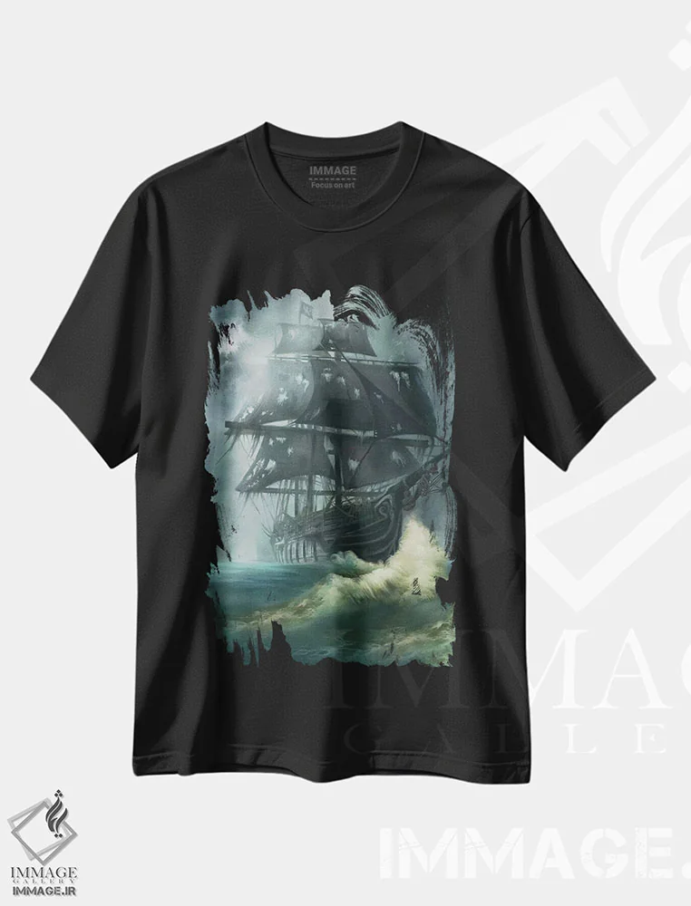 تیشرت مشکی طرح دار کشتی ارواح مروارید سیاه، هنر فاخر معاصر اثر جولیانا لوومر | فروشگاه ایماژ