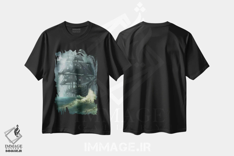 تیشرت مشکی طرح دار کشتی ارواح مروارید سیاه، هنر فاخر معاصر اثر جولیانا لوومر | فروشگاه ایماژ