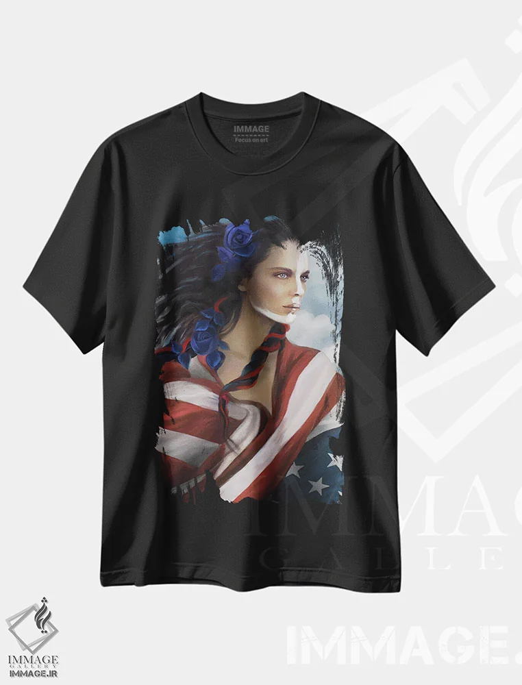 تیشرت مشکی طرح دار میهن پرست با چشمان عقاب، هنر فاخر معاصر اثر جولیانا لوومر | فروشگاه ایماژ