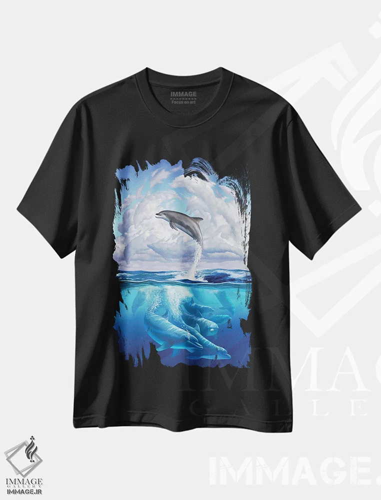 تیشرت مشکی طرح دار سمفونی دلفینی، تزئینی اثر جری لوفارو | فروشگاه ایماژ