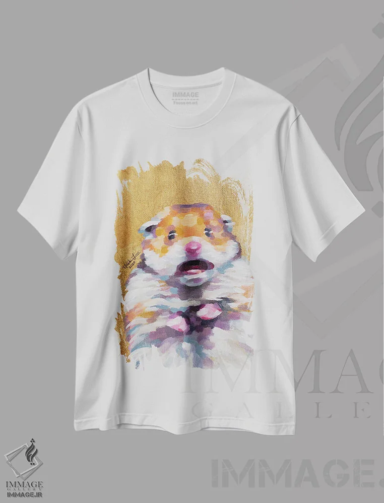 تیشرت سفید طرح دار میم همستر، هنر فاخر معاصر اثر جکی لیو | فروشگاه ایماژ