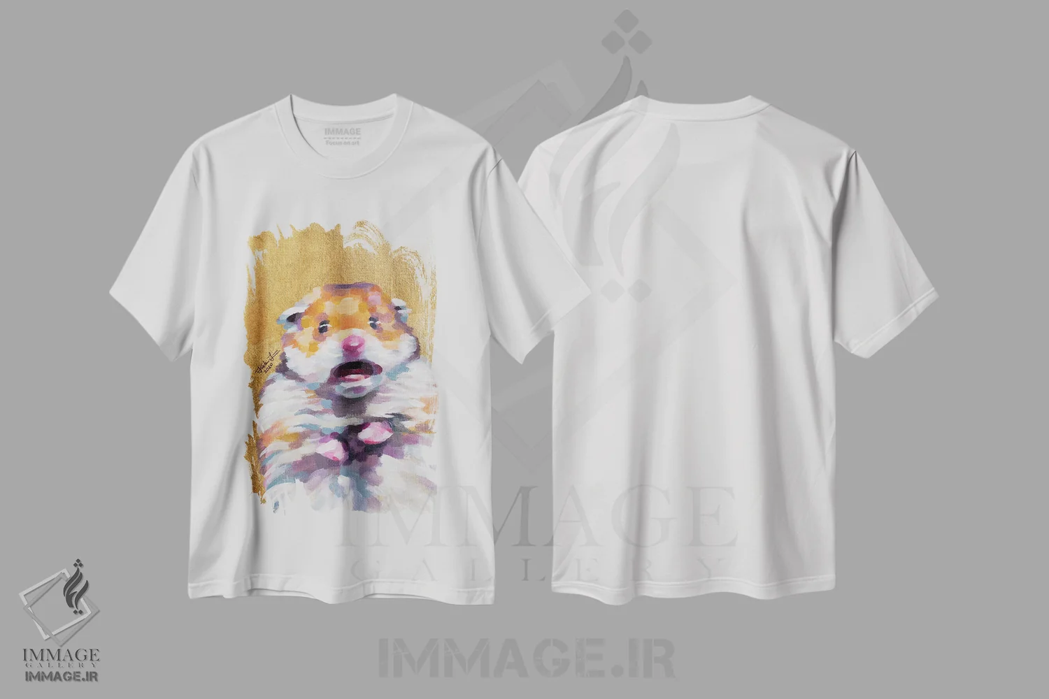تیشرت سفید طرح دار میم همستر، هنر فاخر معاصر اثر جکی لیو | فروشگاه ایماژ