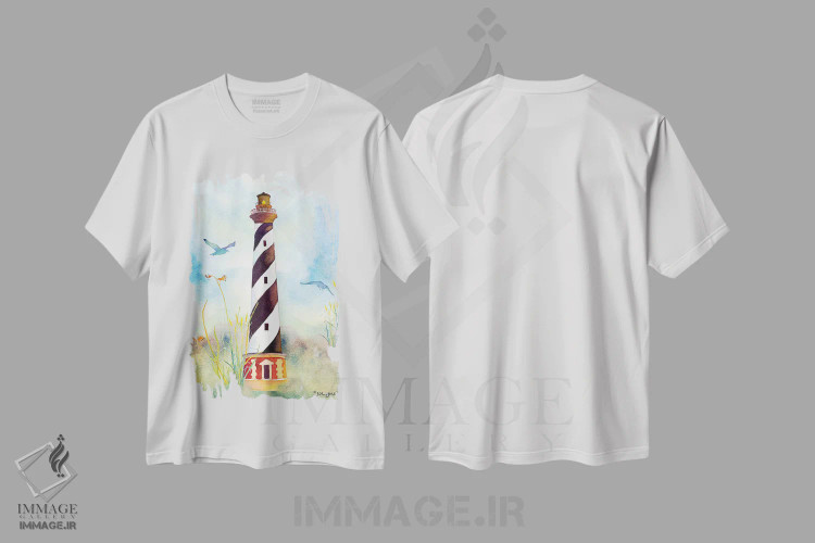 تیشرت سفید طرح دار فانوس دریایی کیپ هترس دو، تزئینی اثر جو لینچ | فروشگاه ایماژ