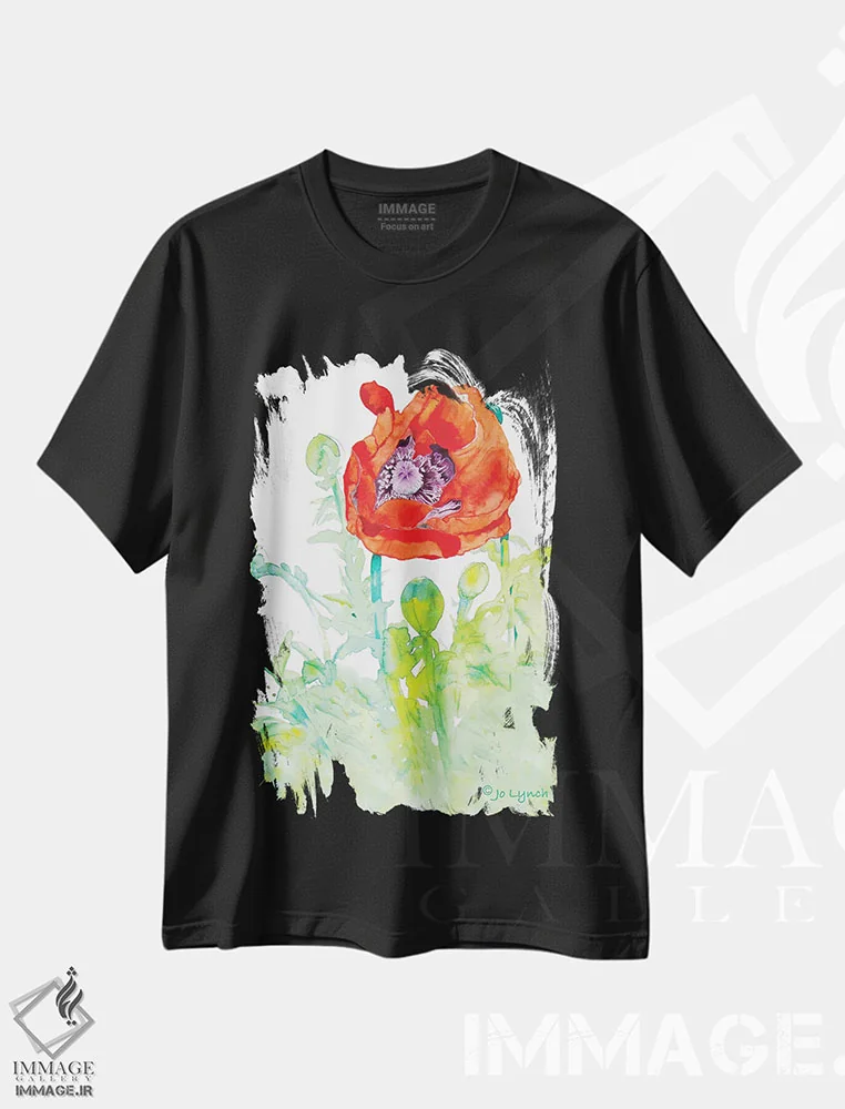 تیشرت مشکی طرح دار گل هنری شقایق، تزئینی اثر جو لینچ | فروشگاه ایماژ