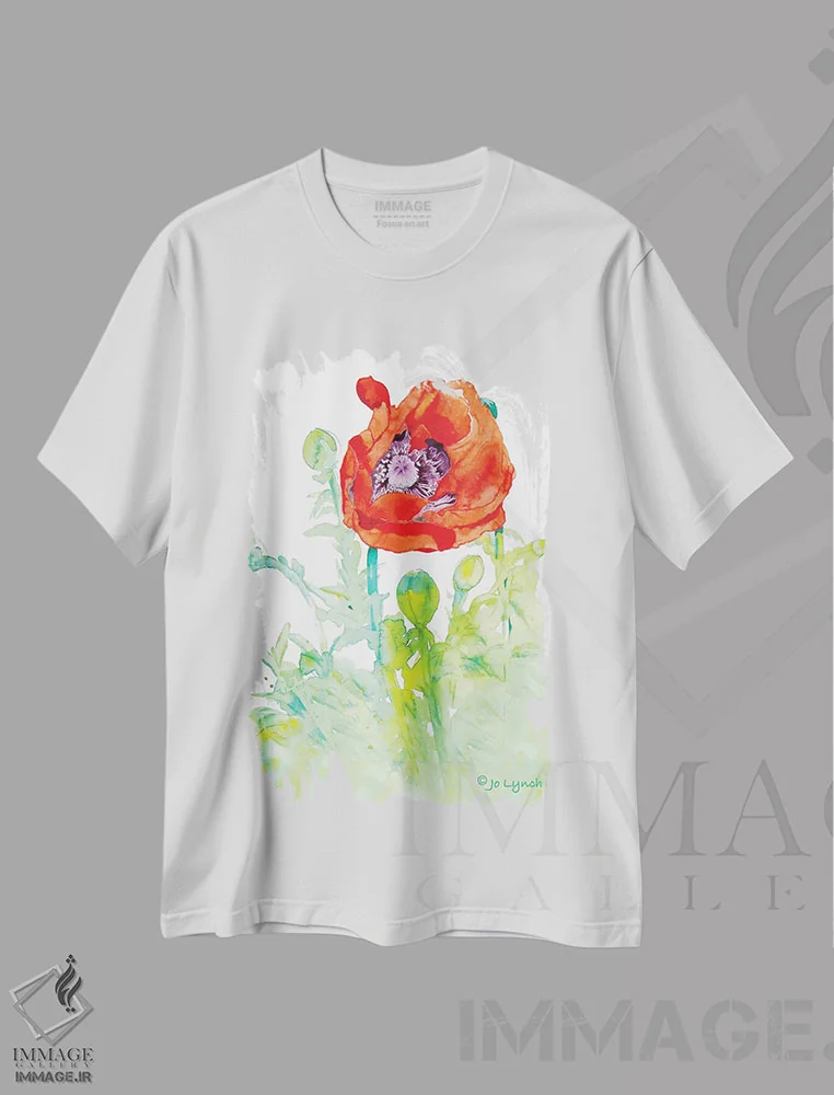 تیشرت سفید طرح دار گل هنری شقایق، تزئینی اثر جو لینچ | immage.ir