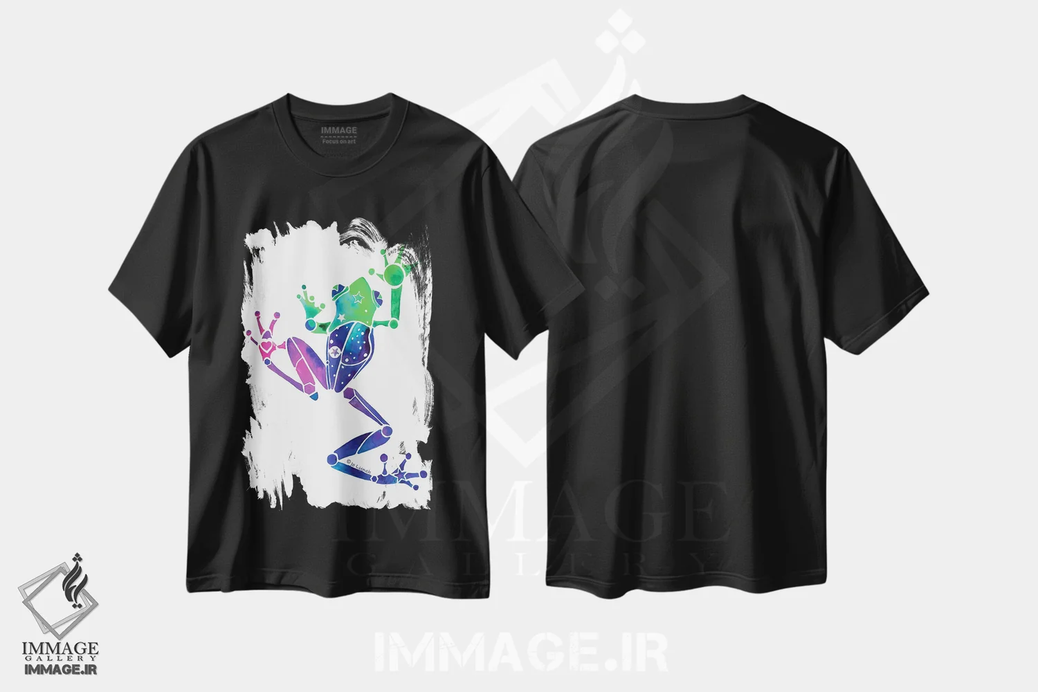 تیشرت مشکی طرح دار قورباغه درختی سبز و ارغوانی، تزئینی اثر جو لینچ | فروشگاه ایماژ