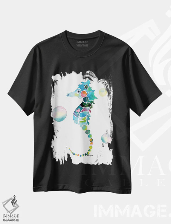 تیشرت مشکی طرح دار اسب دریایی با حباب ها، مدیوم اثر جو لینچ | immage.ir