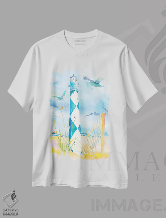 تیشرت سفید طرح دار فانوس دریایی کارولینای دوم، دکور معاصر اثر جو لینچ | فروشگاه ایماژ