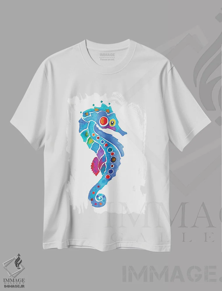 تیشرت سفید طرح دار اسب دریایی شماره دو، دکور ساحلی اثر جو لینچ | فروشگاه ایماژ