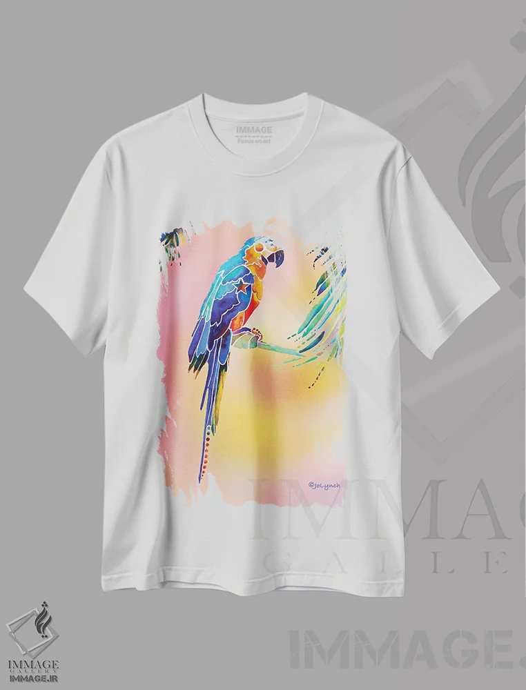 تیشرت سفید طرح دار طوطی گرمسیری، دکور معاصر اثر جو لینچ | فروشگاه ایماژ
