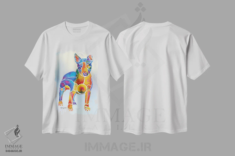 تیشرت سفید طرح دار سگ بول تریر روی پس زمینه، دکور معاصر اثر جو لینچ | فروشگاه ایماژ