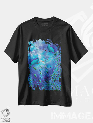 تیشرت مشکی طرح دار باغ طاووس آبی، دکور معاصر اثر جولیز | فروشگاه ایماژ