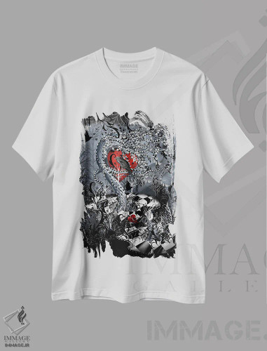 تیشرت سفید طرح دار کلاغ سیاه، دکوراسیون جایگزین اثر جولیز | فروشگاه ایماژ