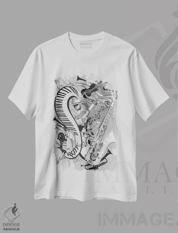 تیشرت سفید طرح دار اجرای داغ جَز قرمز، هنر تزئینی سیاه و سفید اثر جولیز | immage.ir