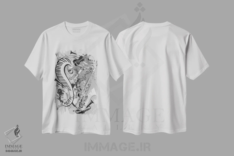 تیشرت سفید طرح دار اجرای داغ جَز قرمز، هنر تزئینی سیاه و سفید اثر جولیز | immage.ir